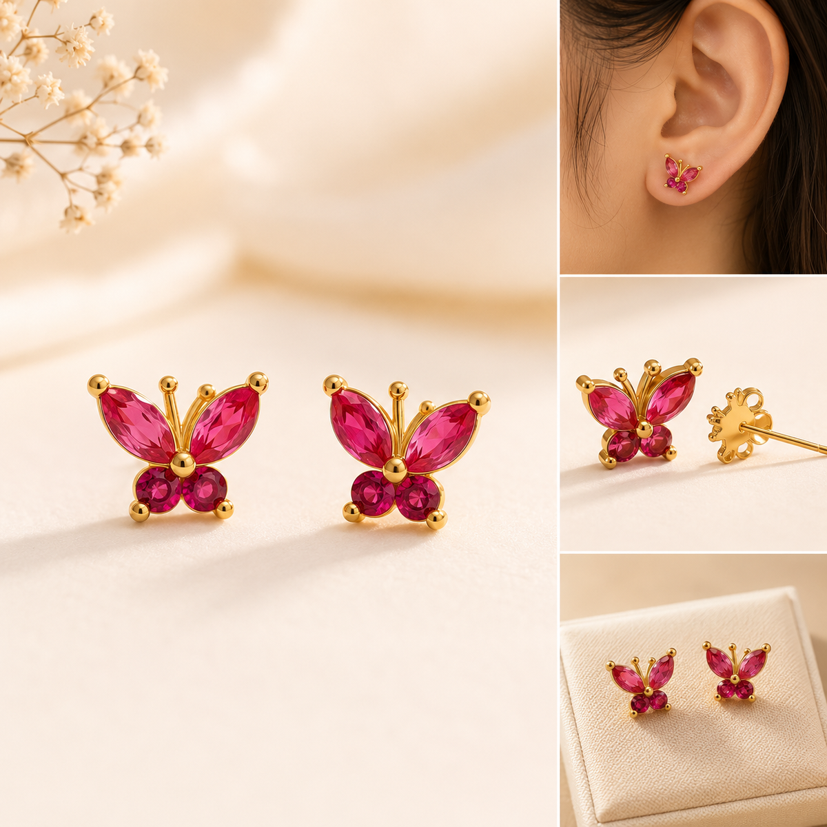 Ruby Butterfly Ball Back Earring