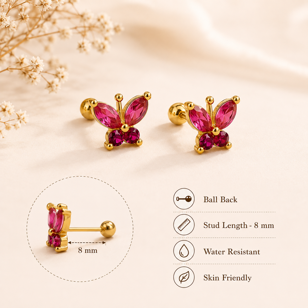 Ruby Butterfly Ball Back Earring