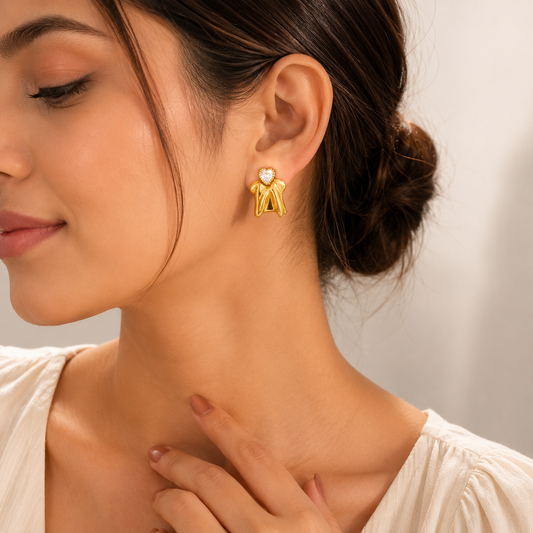 Heart Crystal Sculpted Gold Earrings