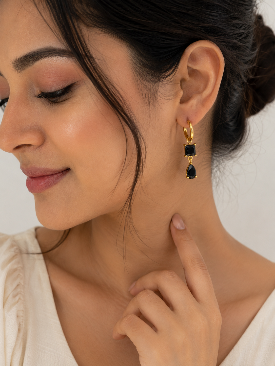 Black Crystal Drop Hoop Earrings