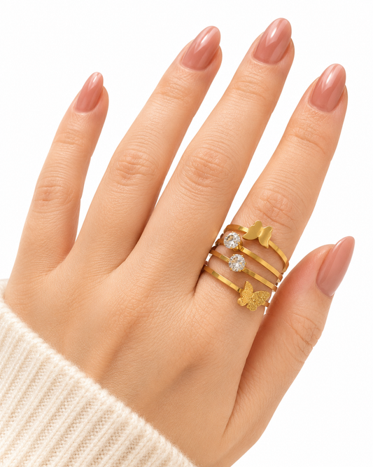 Butterfly & Crystal Stackable Ring Set – Set of 4