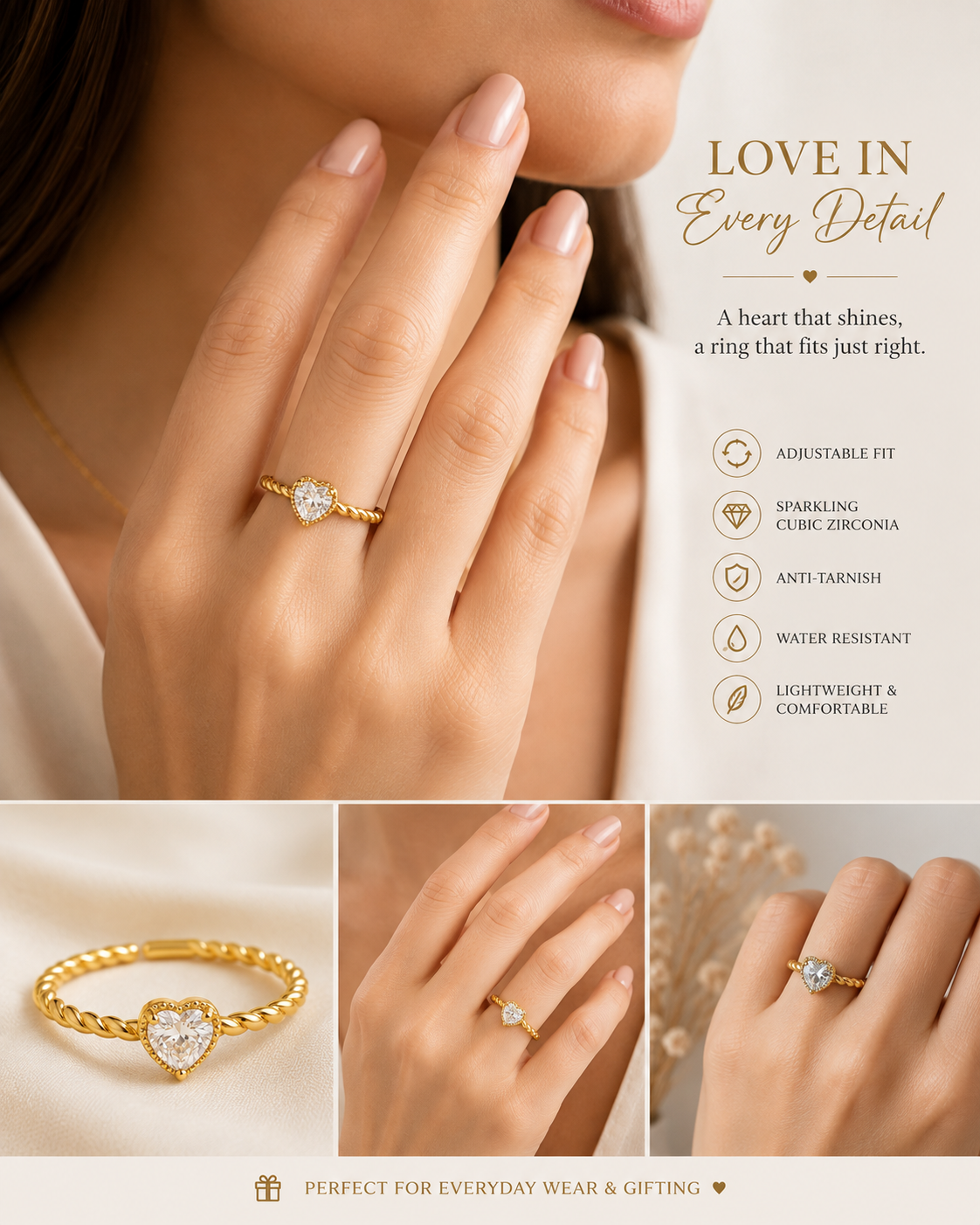 Heart Solitaire Adjustable Ring